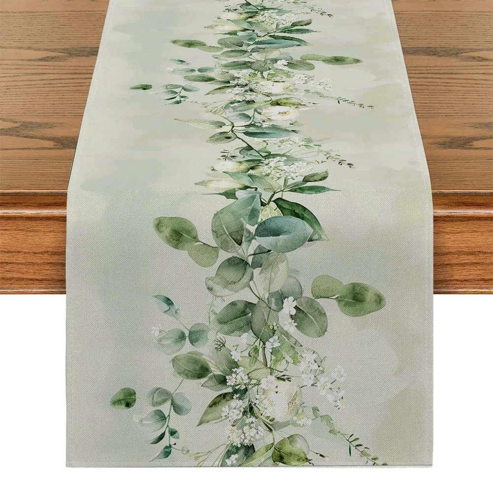 Plant and Flower Table Runner Dining Table Decoration Kitchen Supplies Watercolor Eucalyptus Table Runner Party Decoration