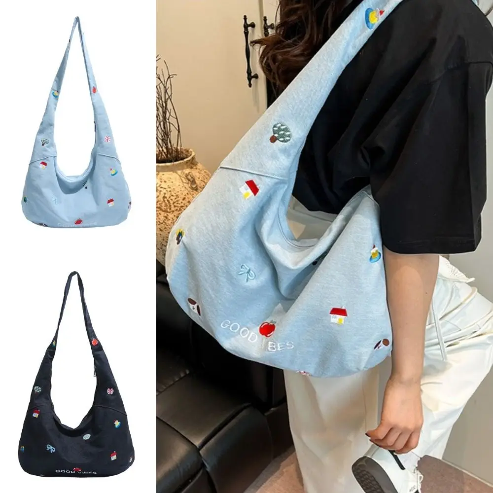 

Commuting Women's Denim Shoulder Bag Large Capacity Korean Style Cute Embroidered Tote Bag Casual Sweet Messenger Bag