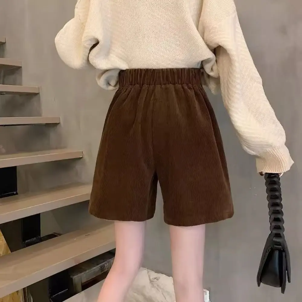 

Простые женские вельветовые шорты с высокой талией, эластичные широкие короткие брюки с двумя карманами, свободная уличная одежда в полоску большого размера, пляжная одежда