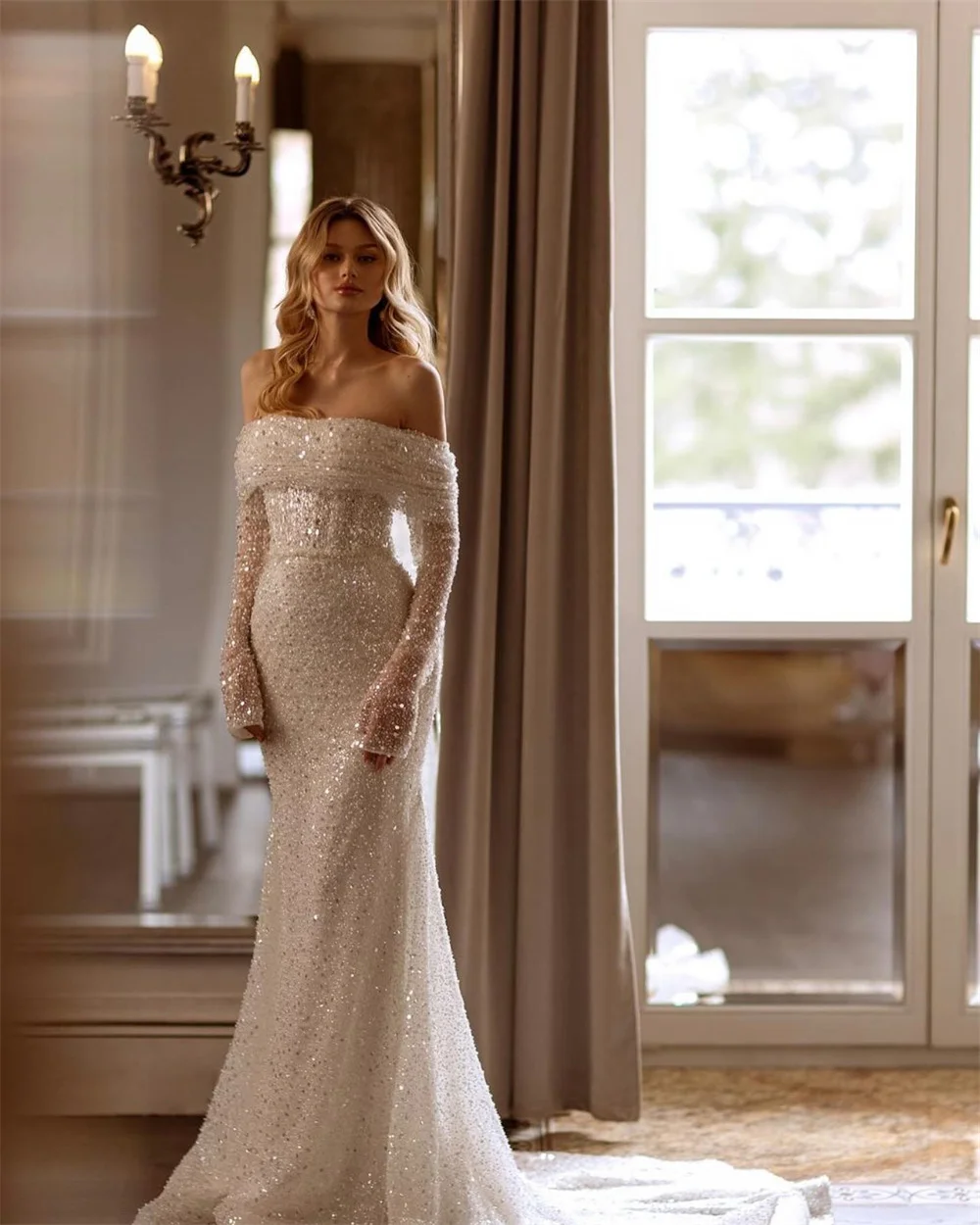 Vestido de novia Formal con cuentas brillantes, traje de sirena, marfil, hombros descubiertos, tren de barrido, 2025