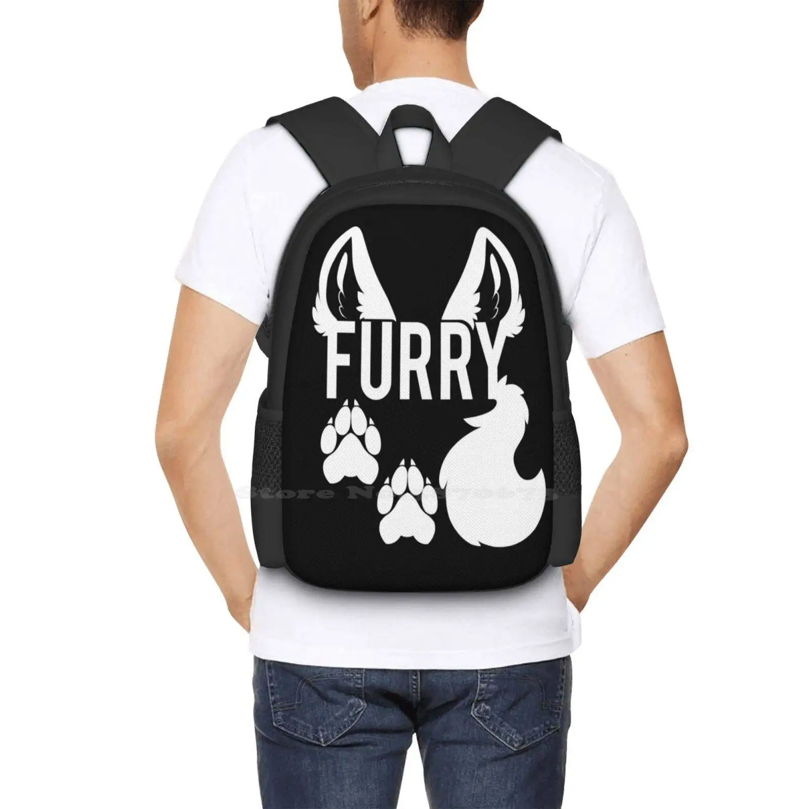 Furry-White Text - Pattern Design Laptop Travel School Bags Furry Anthropomorphic Anthropomorphism Furries Fluffy Nose Ears