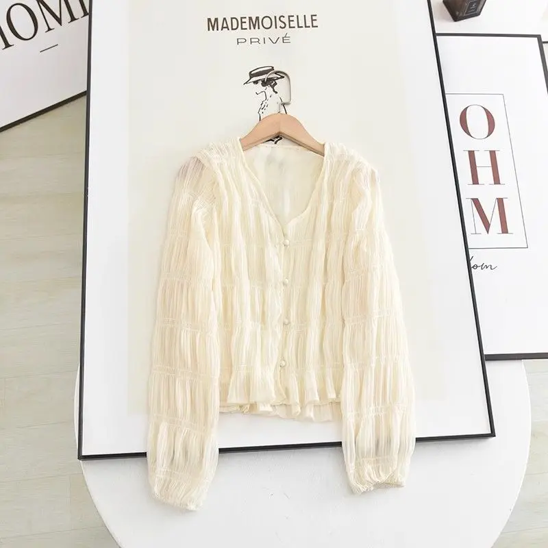 

2024 New Spring and Autumn Korean Sweet Loose Cardigan Chiffon Blouses Long Sleeved V-neck Solid Folds Button Women's Shirt Top