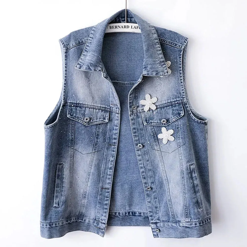 

Autumn Winter Denim Jacket Womens Casual Loose Vest Ladies Overcoat Fashion Hot Rhinestone Sleeveless Waistcoat Female Jean Coat