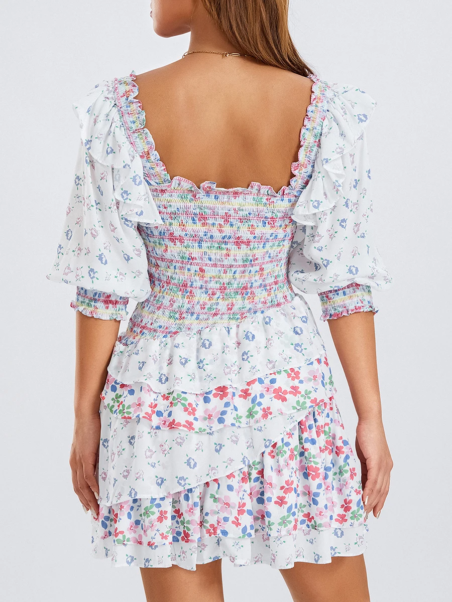 Mini robe smockée à manches courtes bouffantes pour femmes, robe trapèze, volants superposés, été