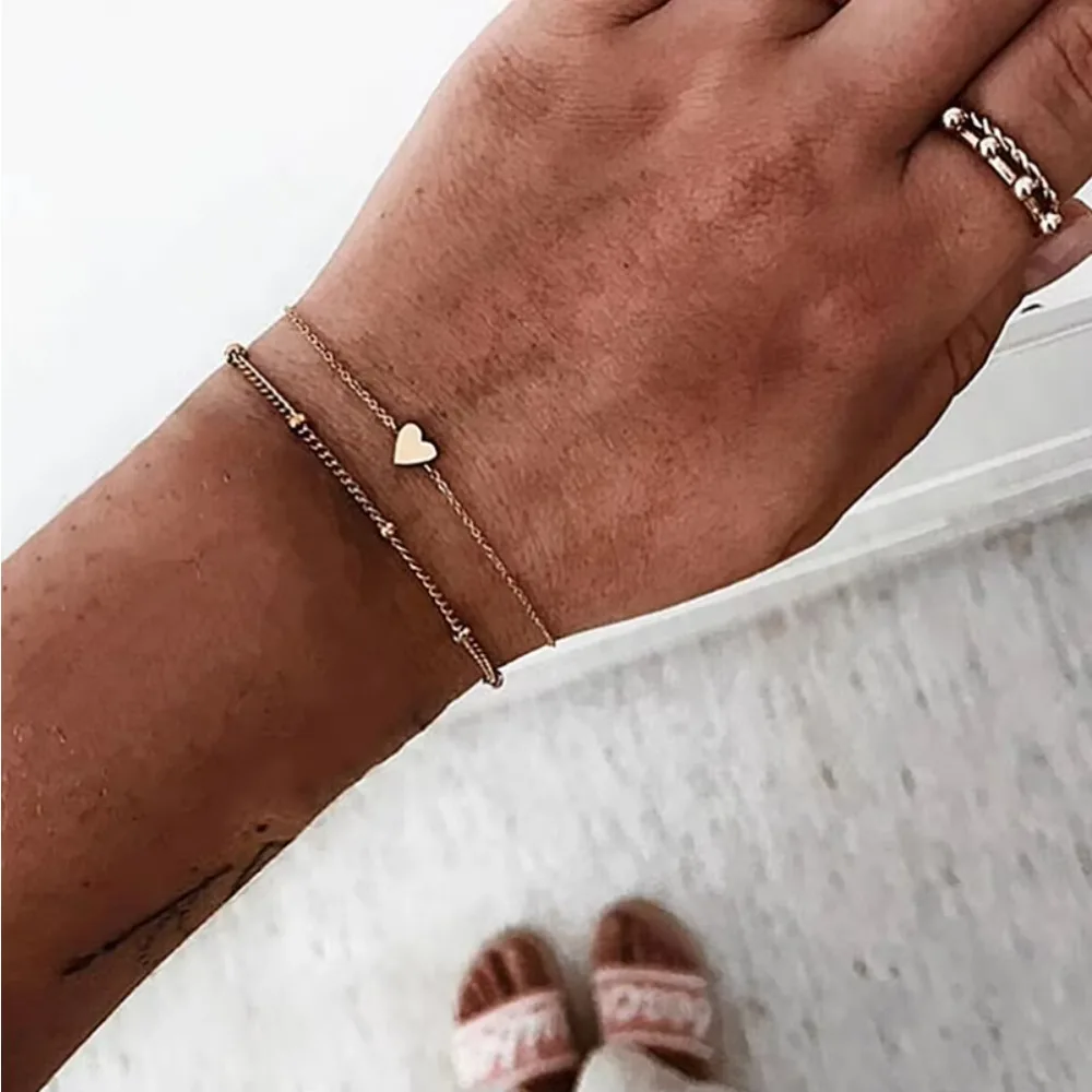 FSUNION 2Pcs/Set Minimalist Gold Silver Color Small Love Friendship Charm Bracelets Bangles Jewelry Link Chain  For Women