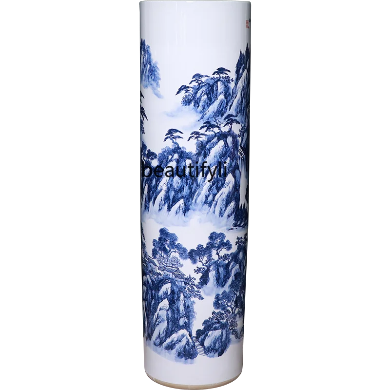 Jingdezhen Ceramics Large Vase Hand Painted Blue and White Porcelain Floor Big Straight-Leg Living Room New House Decorations