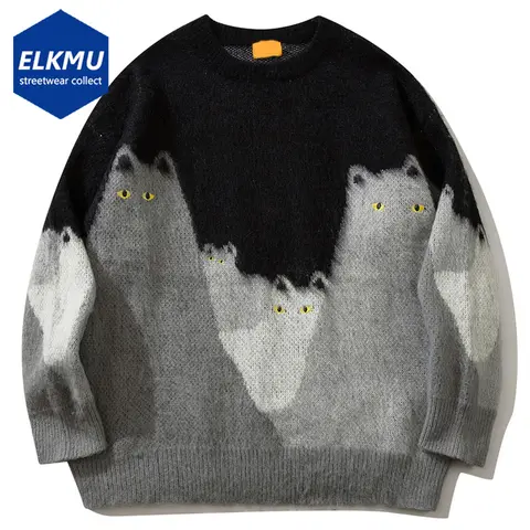Katze Grafik Strick pullover Männer übergroße Hip Hop Streetwear Hip Hop Pullover Pullover schwarz lose lässige Pullover Pullover