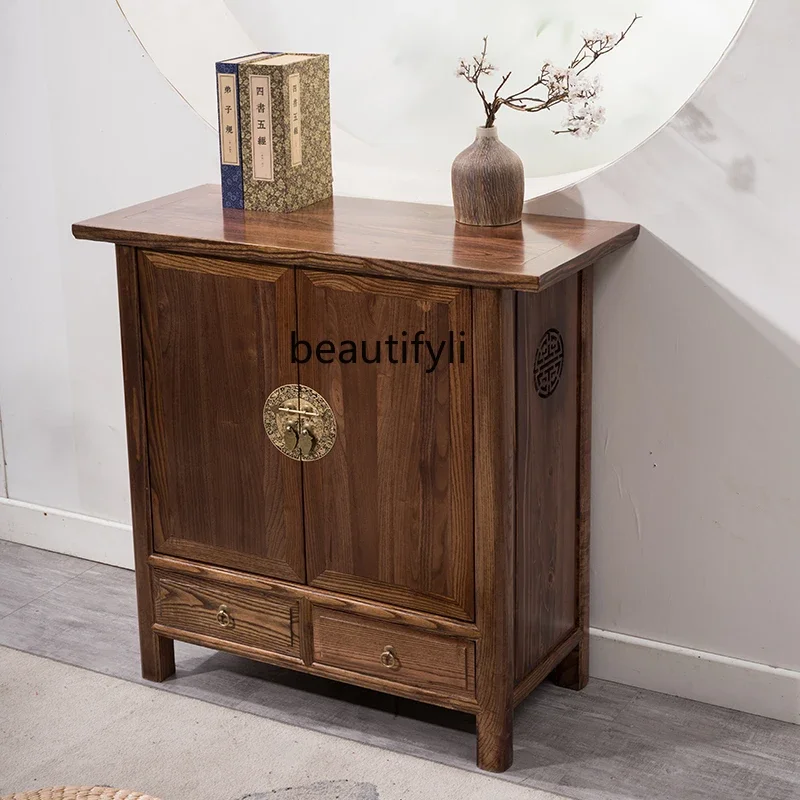 

New Chinese Style Locker Solid Wood Carved Shoe Cabinet a Long Narrow Table Antique Hallway Dining Side Tea Cabinet Elm Carved