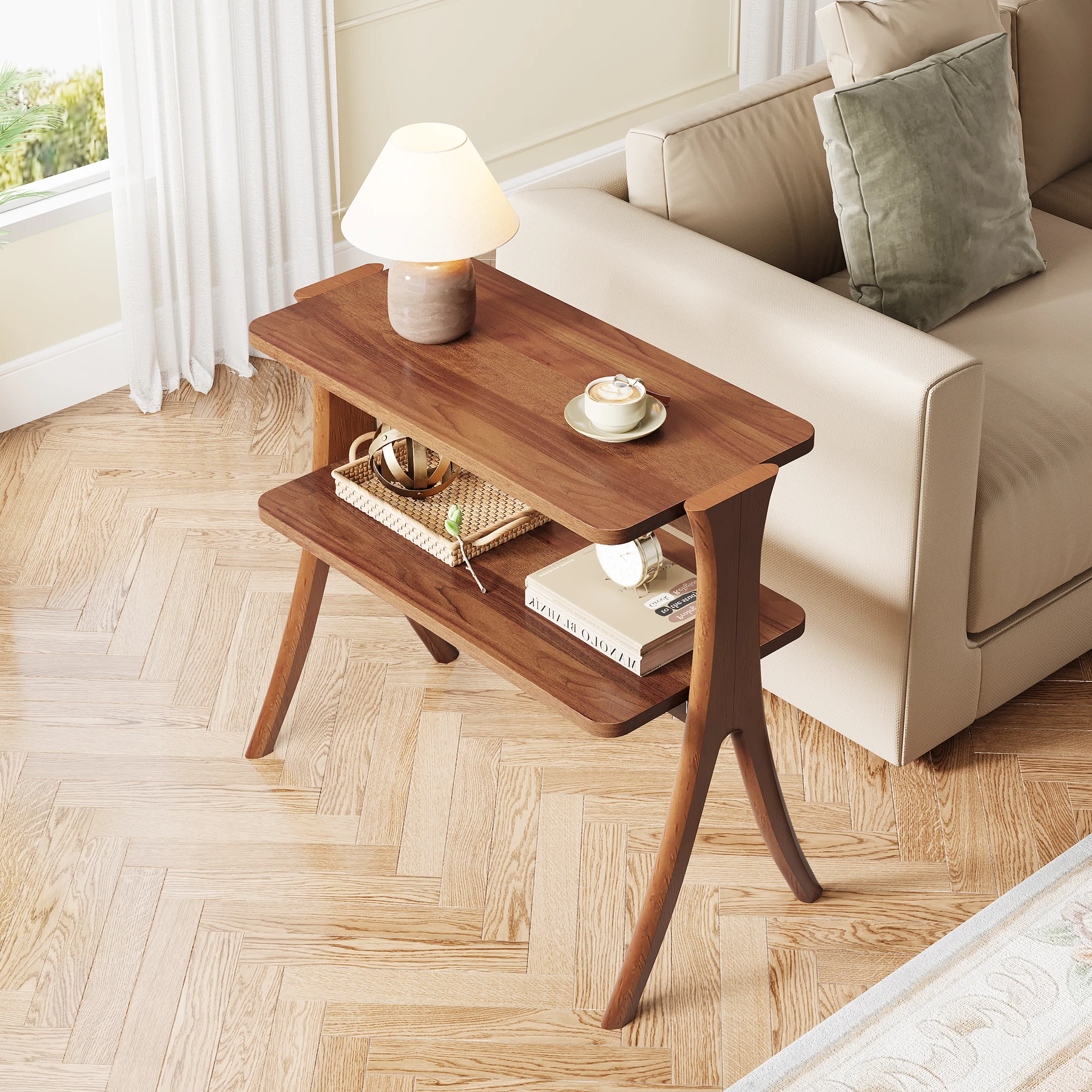 Tribesigns Walnut Side Table for Living Room, Narrow End Table with 2-Tier Storage Shelf and Solid Wood Legs, Slim Bedside Table image 3