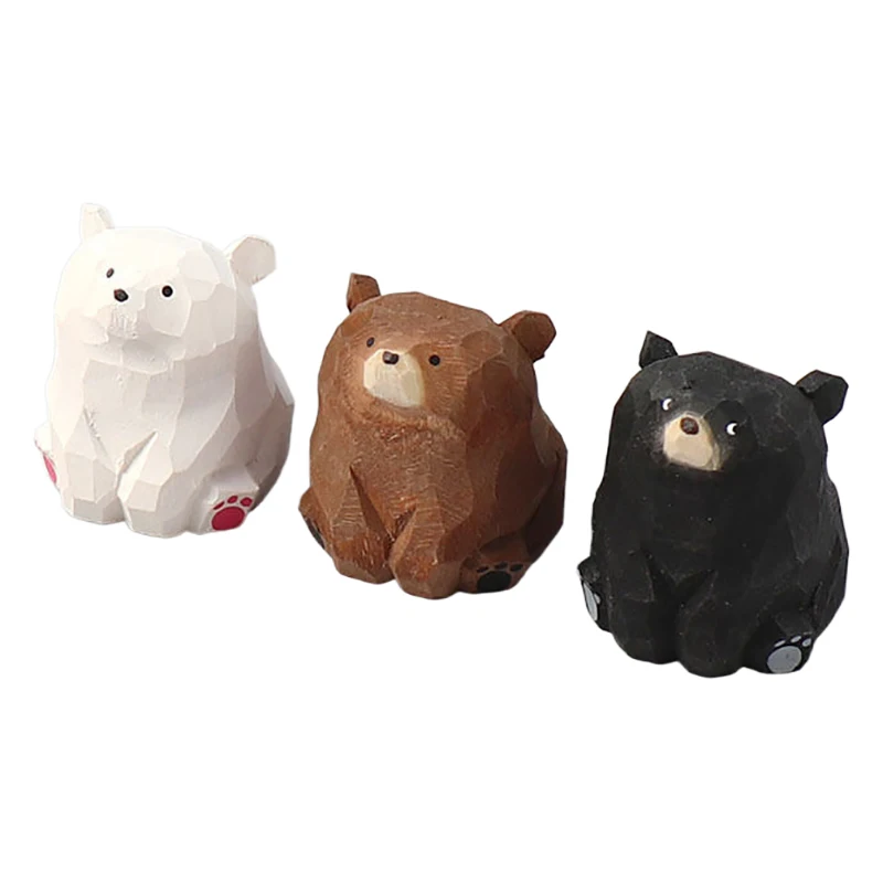 Handmade Cute Mini Wooden Bear Solid Wood Hand Carved Bear Cat Dog Figurines Miniature Animal Crafts Ornaments Decoration Gifts