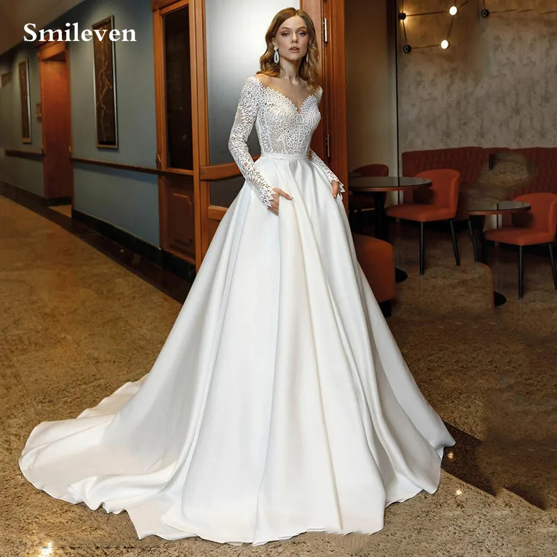 

Smileven Princess Wedding DressesLong Sleeve Lace Bride Dresses Appliques Satin Boho Vestido De Noiva Custom Made