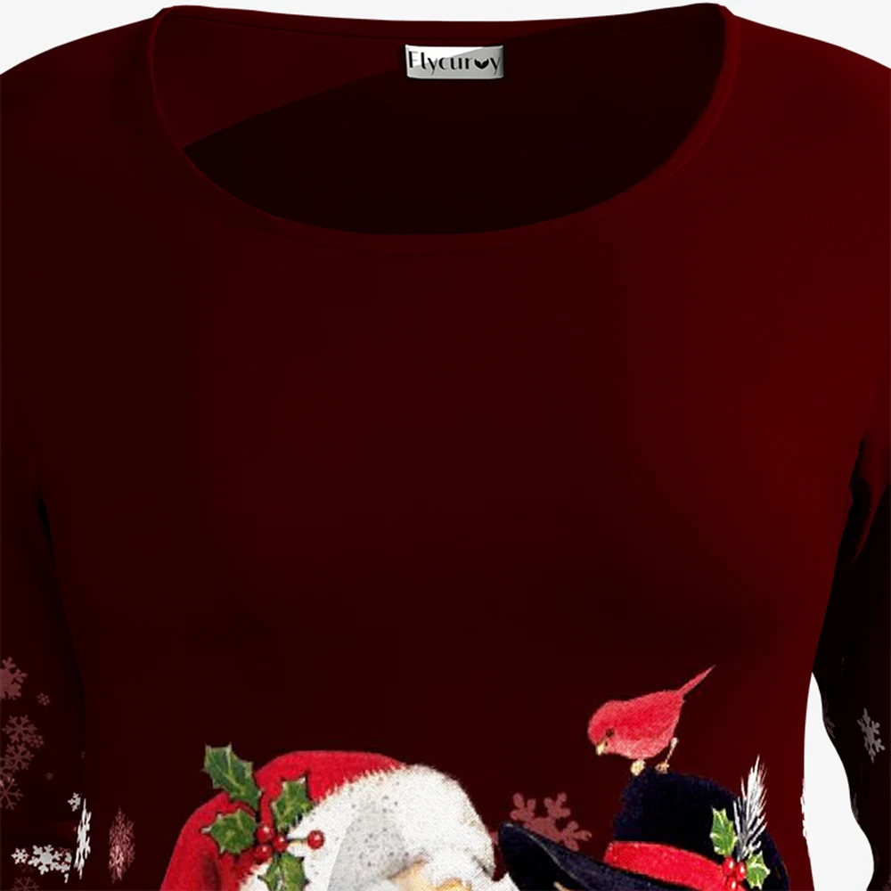 Plus Size Christmas Casual Burgundy Pleated Snowman Print Round-neck Long Sleeve T-Shirt