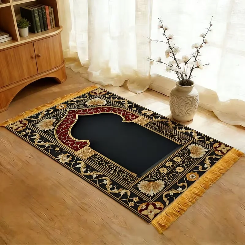 One Portable Prayer Mat Featuring An Ornate Arch-Shaped Design, Lightweight and Foldable, Ideal for Travel During Ramadan Rug