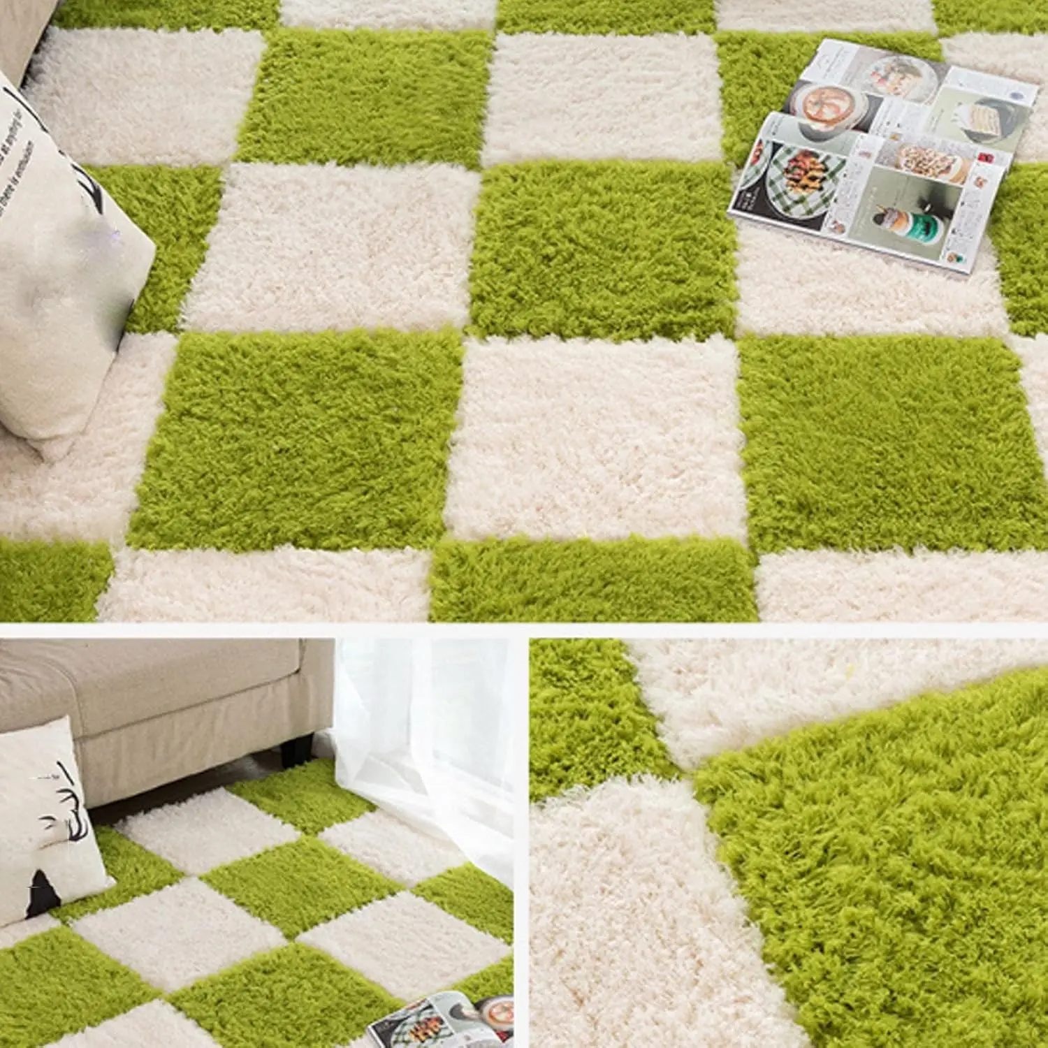 1-10PCS Fluffy Puzzle Carpet Squares Thick Plush Bedroom Rug Mat Soundproof Soft Under Bed Padding Non Slip Full Floor Cover