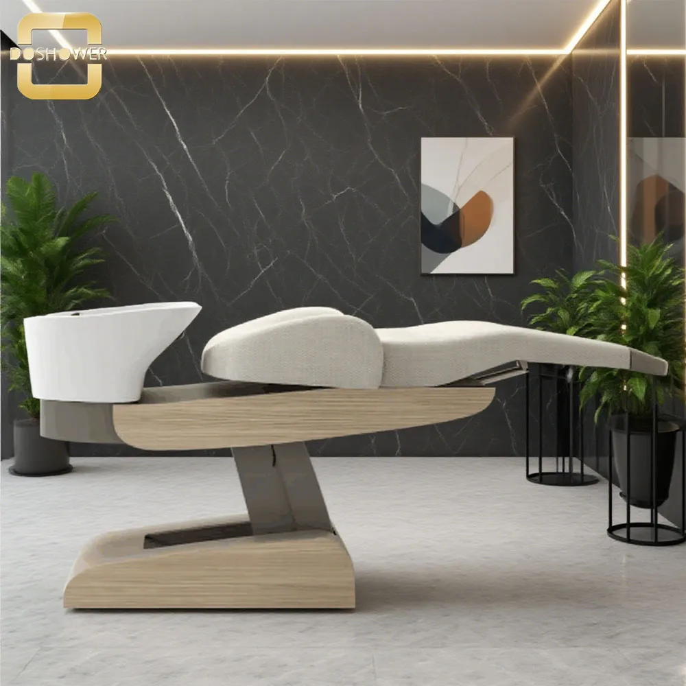Beige Wooden Base Luxury High-end Hair Washing Chair And Salon Shampoo Chair Hydrotherapy Electric Water Circulation Massage Bed