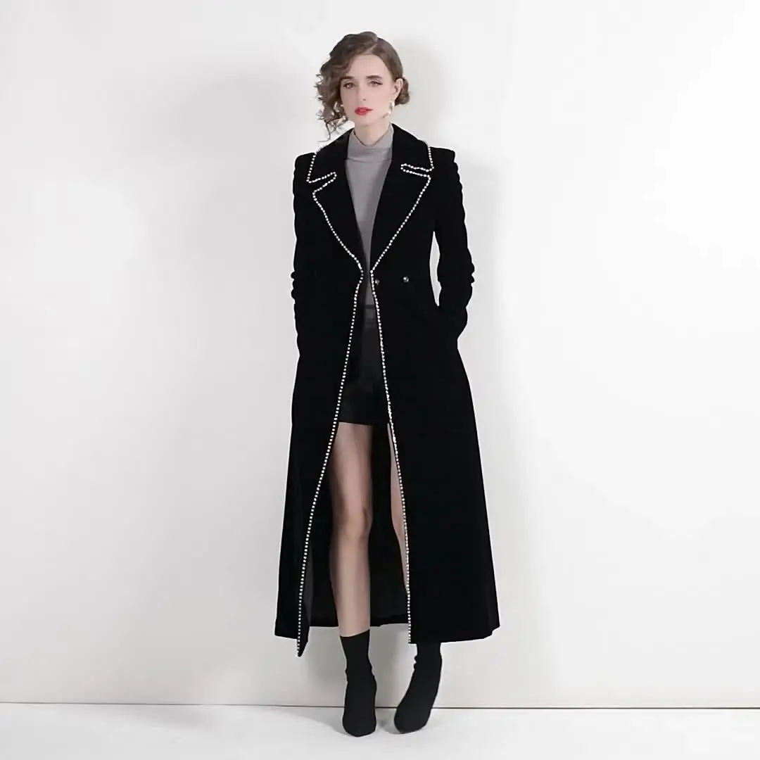 

ALPHALMODA 2025, Роскошный стиль, ромбовидная отделка, бархат на подкладке, ветровка, длинное пальто, для женщин, осень, модный наряд