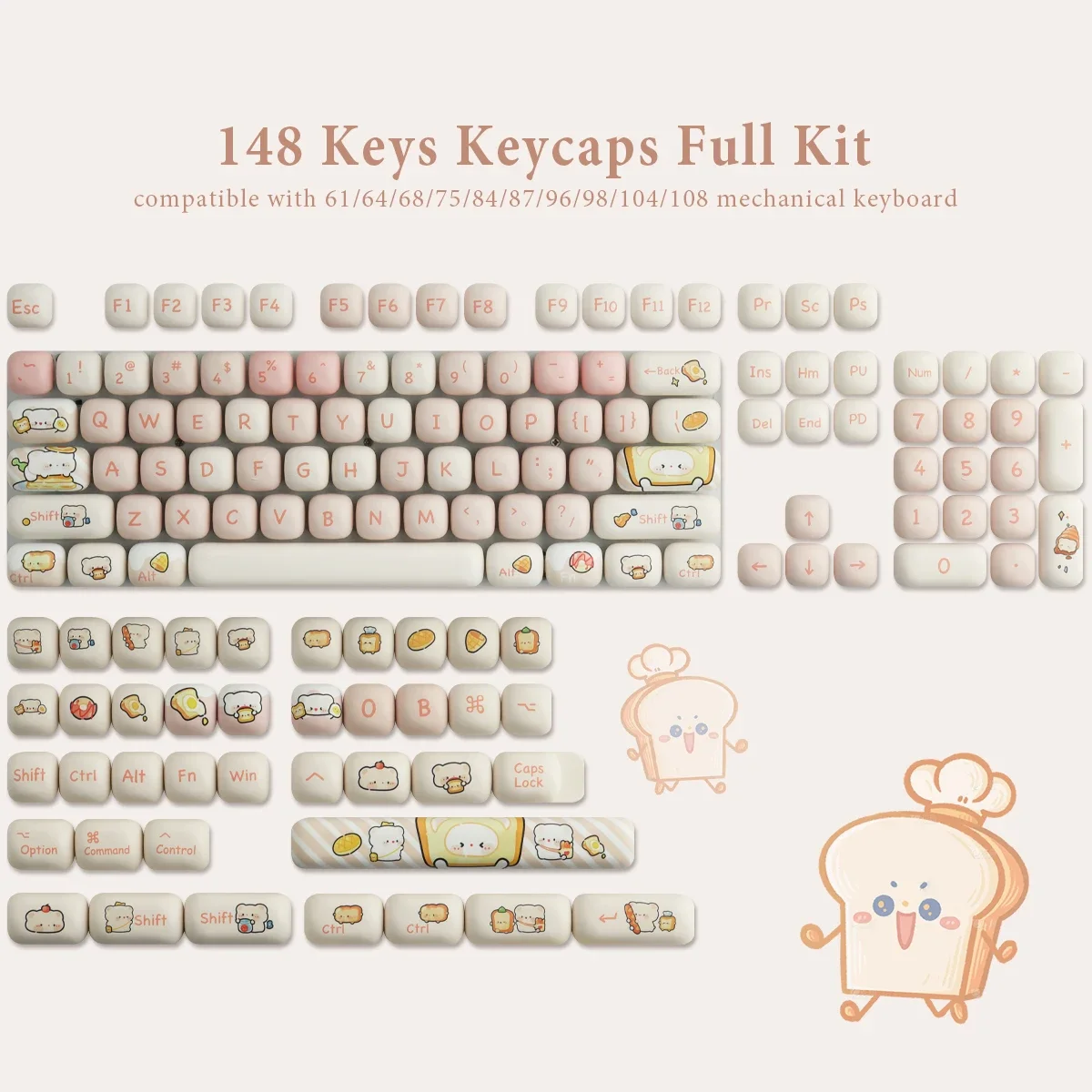 

PBT Keycaps Bread Bear Rounded Keycaps Pink and Cute MOG keycap Dye Sublimation,144 key for mechanical keyboard