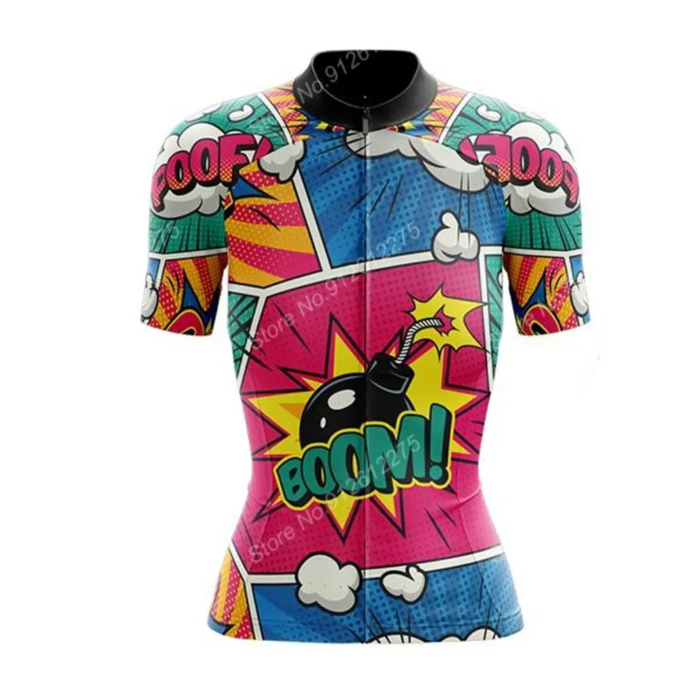 Explosive Comics Women 2024 Cycling Jersey Short Sleeve Funny Cartoon Cycling Clothing Road Bike Shirt Tops MTB Wear Maillot