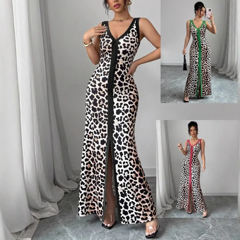 

Women's Leopard Print V-neck Printed Color-blocking Skirt - Comfortable Polyester Blend Fabric, Chic Splicing Design