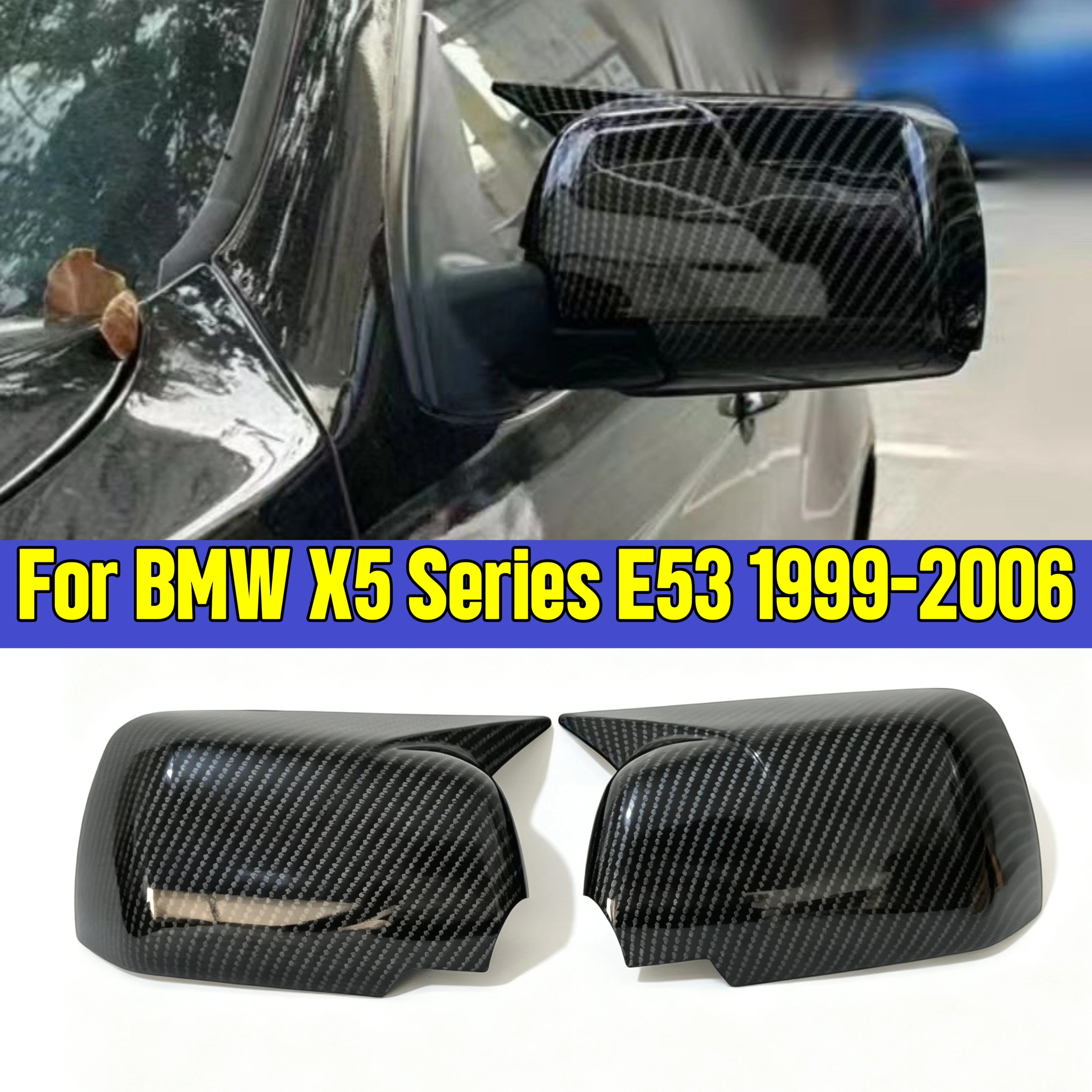 For BMW X5 E53 Exterior Upgrade Rearview Mirror Cover Cap Fit 1999-2006 Carbon Look ABS Door Trim Replacement Part
