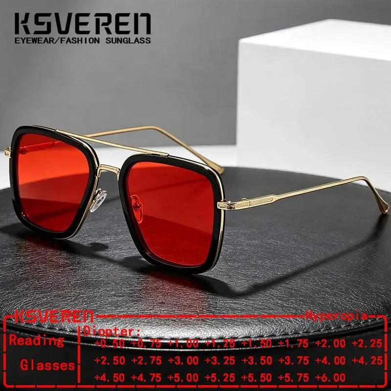 Metal Square Red Reading Glasses Men Women Designer Double Bridge Outdoor Sunshade Presbyopic Glasses Single Focus Readers
