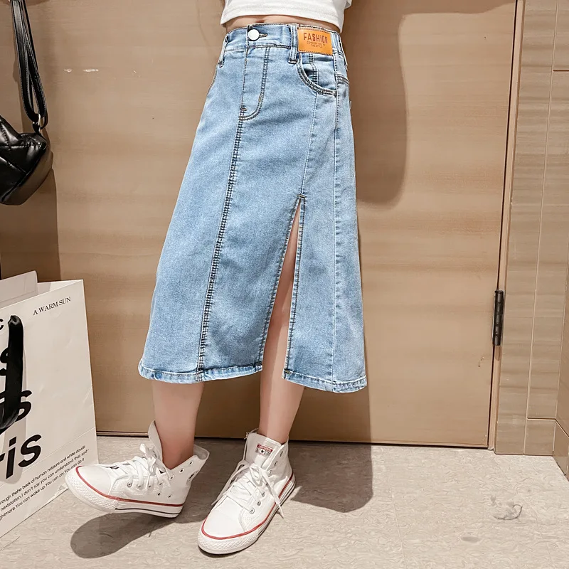 4 6 8 10 12 14 Year Teen Girls Denim A-line Skirt New Fashion Korean Version Split Long Skirt Children Clothing Birthday Present