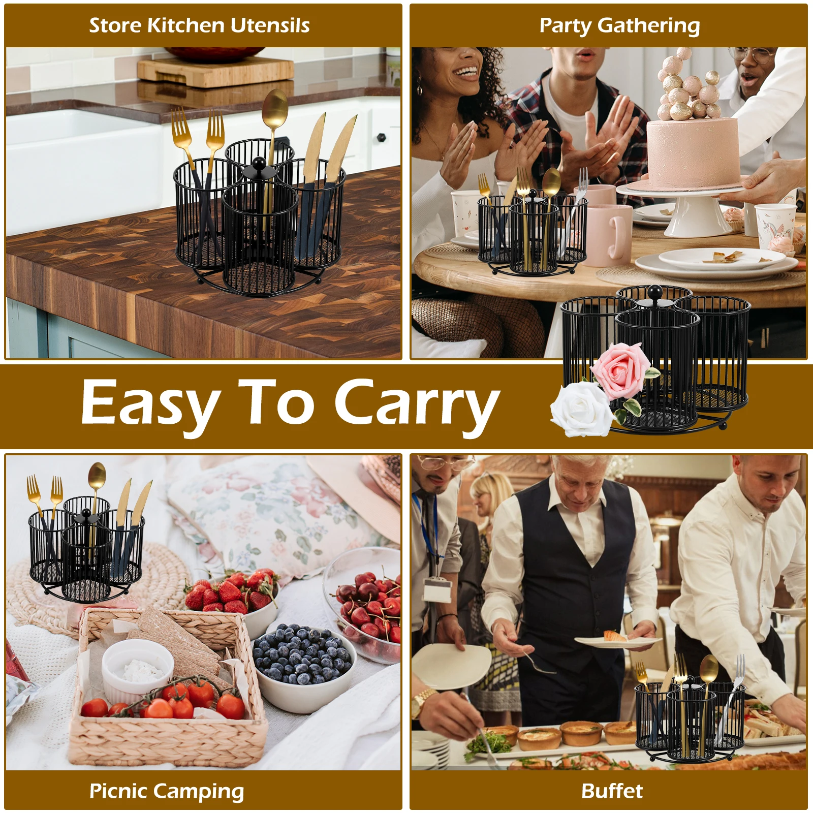 Metal Utensil Caddy 360 Degree Rotating Cutlery Holder 3/4/5 Compartment Flatware Storage Basket for Kitchen Camping Countertop