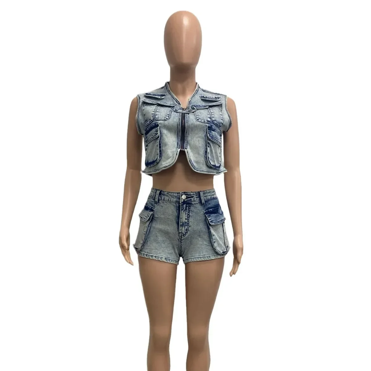 

Women Denim Shorts Suits 2025 Streetwear Ensemble Vest Multiple Pockets V Neck Waistcoat Short Pants Outfits Sexy 2 Piece Sets