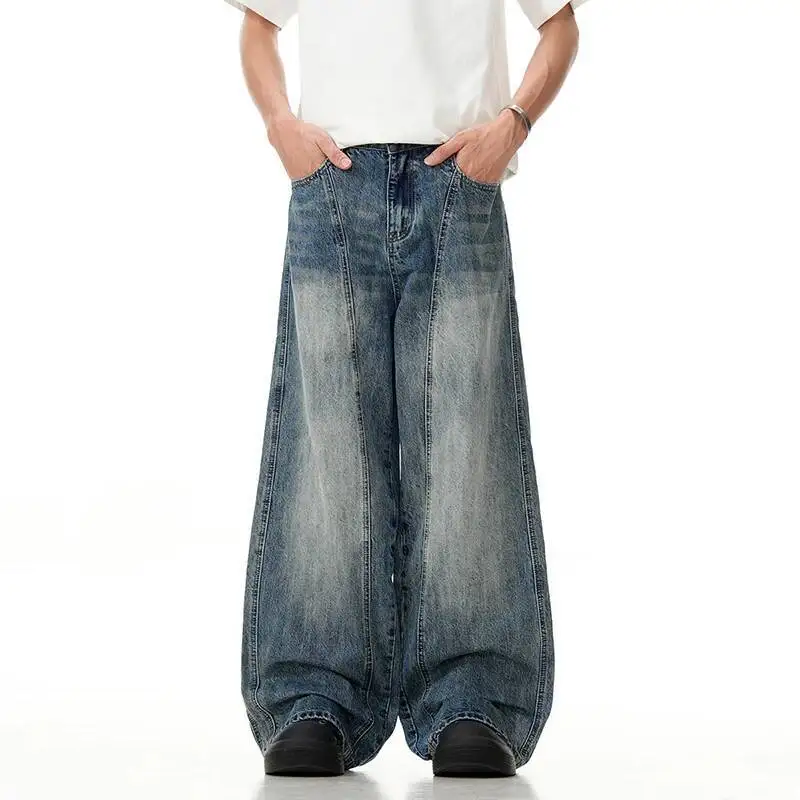 

Men Jeans Simple Washed Gradient Color Drape Casual Straight Streetwear Wide Leg Loose Male Denim Trousers Cleanfit 3CBO