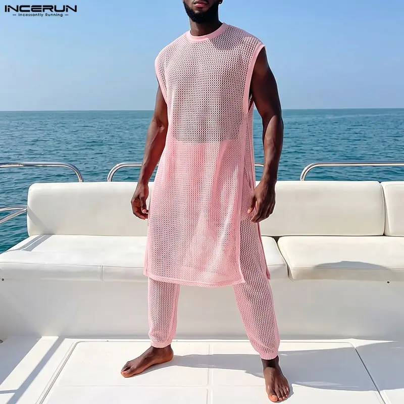 Conjuntos Masculinos INCERUN: Colete Transparente de Malha Sem Mangas e Calças Irregulares - Conjunto de Duas Peças Streetwear Sexy Moda Masculina 2026