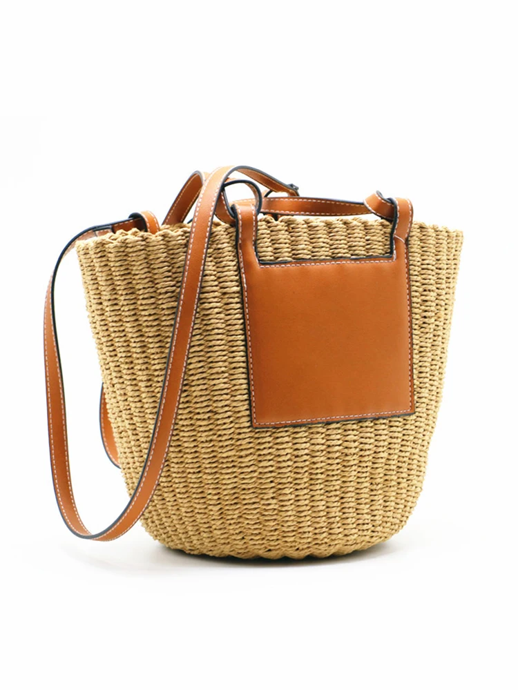 Fashion Straw Bucket Shoulder Bag Women Designer Rope Braided Woman Tote Bag Summer Pu Stitching Large Large Messenger Bag Lady