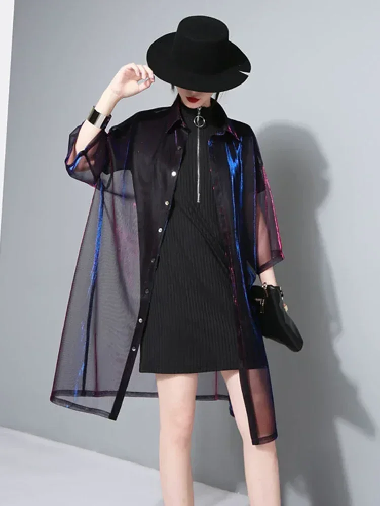 

Женская блузка с зеленым блеском и прозрачными вставками, новая модель с отложным воротником, рукавом три четверти, свободного кроя, модная рубашка, тренд Весна-Лето 2024 JU180