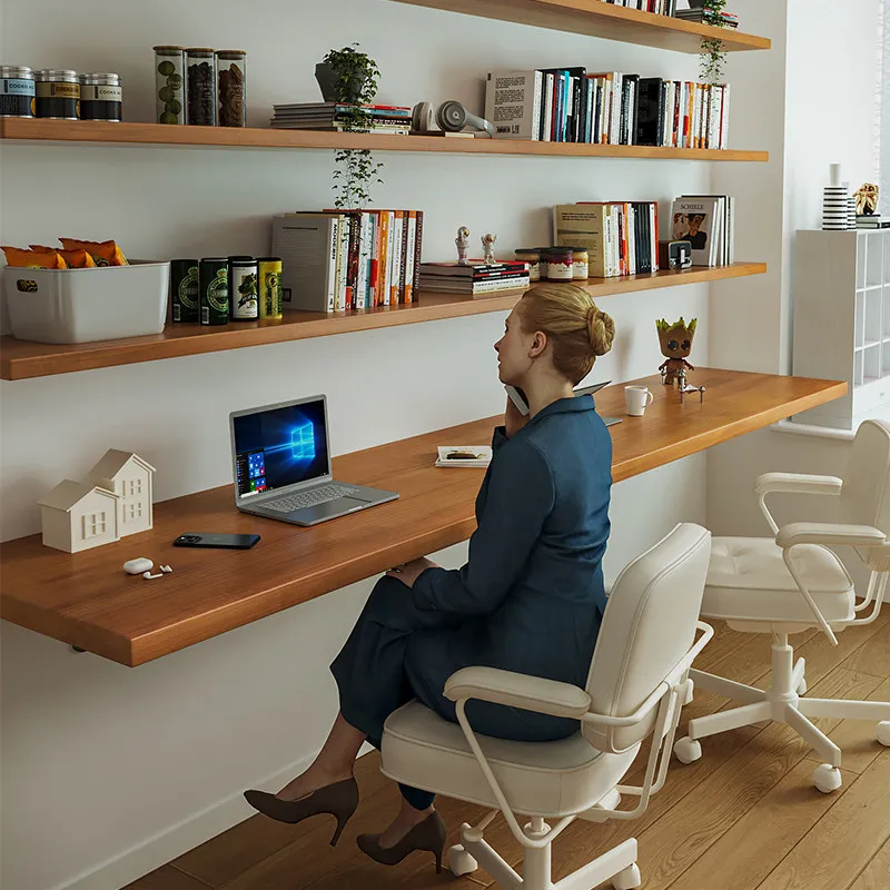 Nordic Solid Wood Desk with Bookshelf Modern Design Floating Wall Mounted Computer Desk Bedroom Study Furniture مكتب عائم FYFD view 2