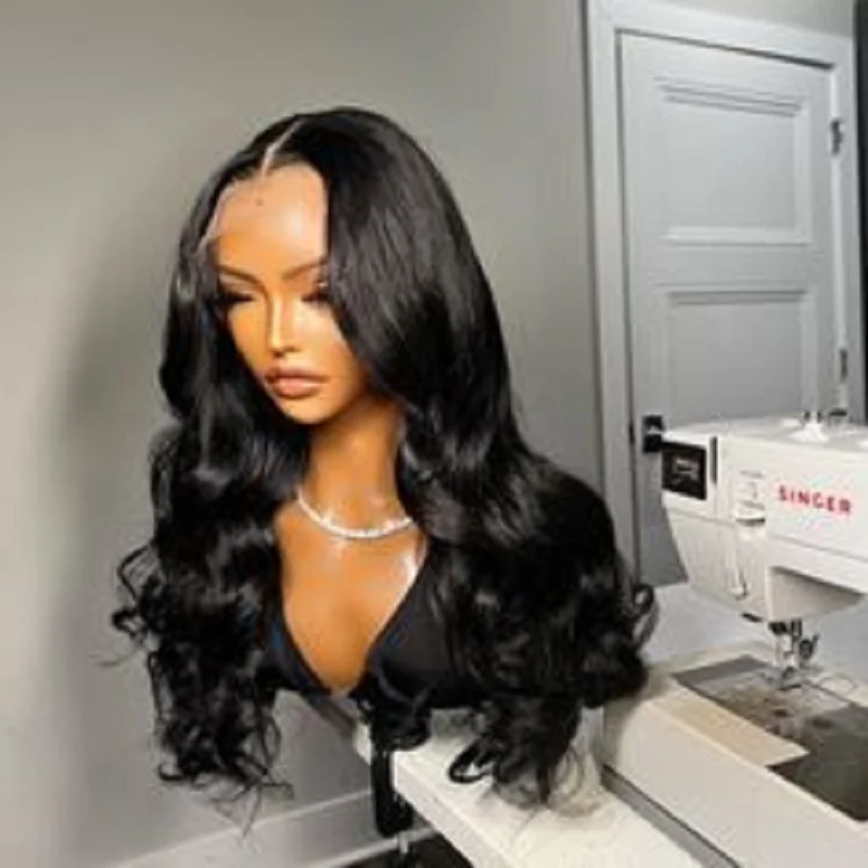 

Black Preplucked Glueless Natural Body Wave Long 180 Density Soft Lace Front Wig For Women BabyHair 26inches Long Heat Resistant