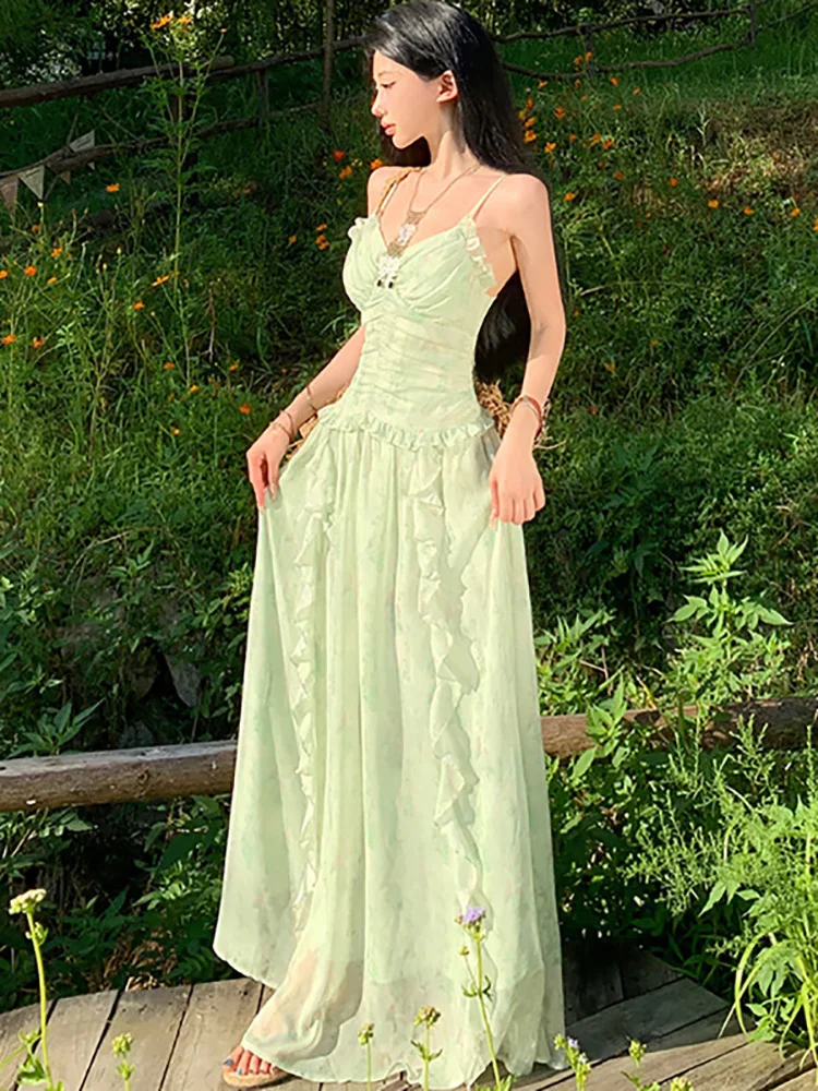Frauen Grün Druck Chiffon Chic Rüschen Schlinge Sexy Lange Kleid 2025, Koreanische Mode, Figurbetontes Urlaub Kleid Frauen Elegante Casual Robe