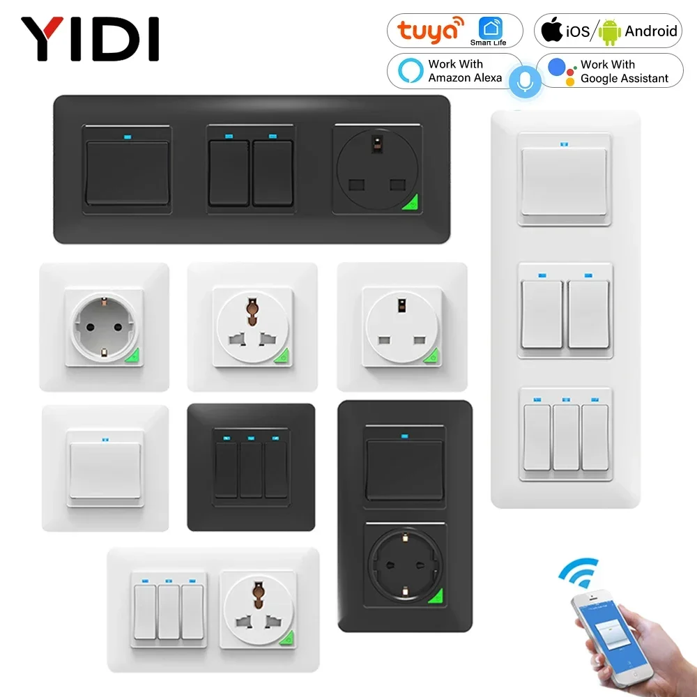 Tuya Customized WiFi Smart Wall Light Switch Outlet, APP Wireless Control UK EU Push Button Switch Wall Socket Alexa Google Home