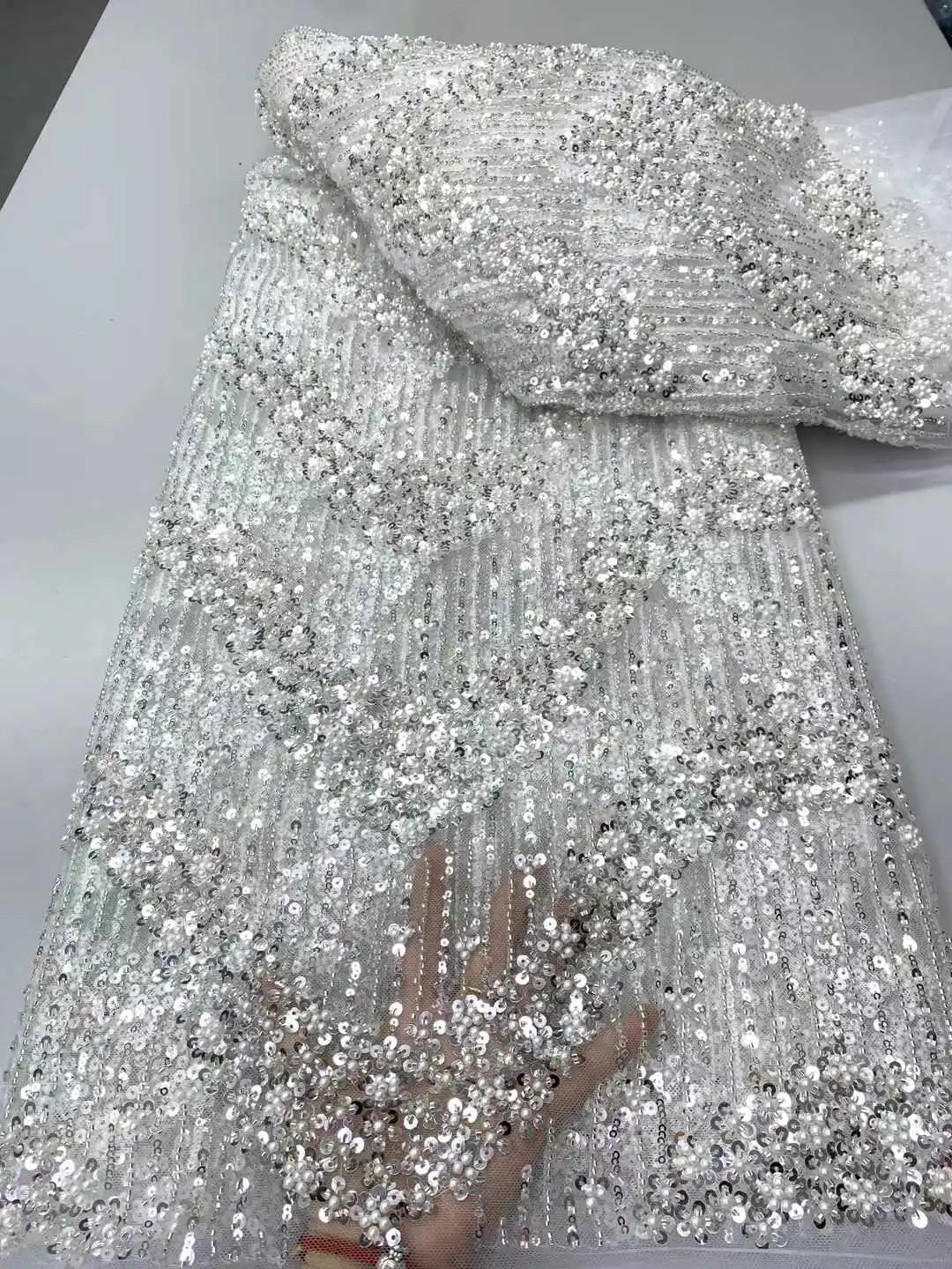 高級アフリカレース生地 2025 新高品質スパンコールフレンチビーズチュールレースナイジェリアのウェディングドレスの縫製