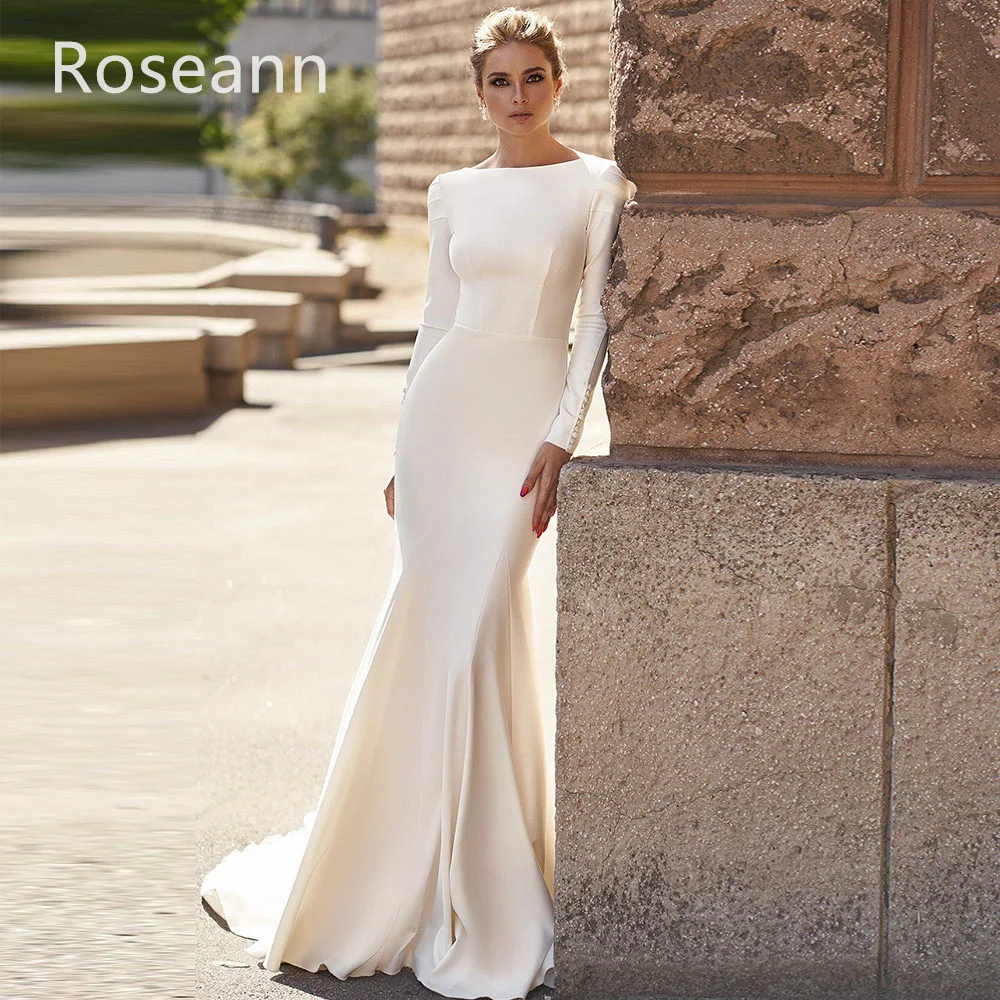 Customized Muslim High Quality Ivory Mermaid Wedding Dresses O-Neck Button Satin Draped Pleat Full Bride Gown robe de mariée