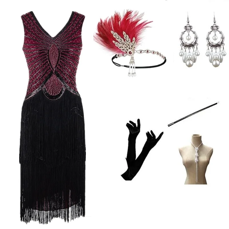 

Retro 920s Gatsby Dr Beaded Sequin Tassel Skirt Svel Evening Gown Sparkling iny Women's Traditional Costume Stage...