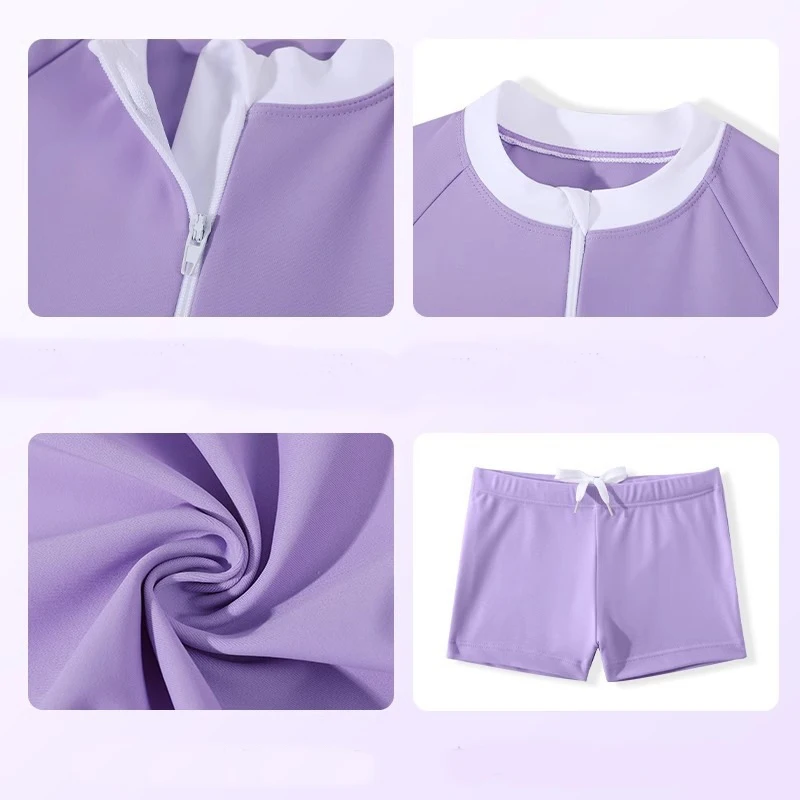Solid Girls Swimsuit With Shorts Kids Swimwear Short Sleeve Children Two-Piece Suits Bathing Suits For Teen Girls Swimming