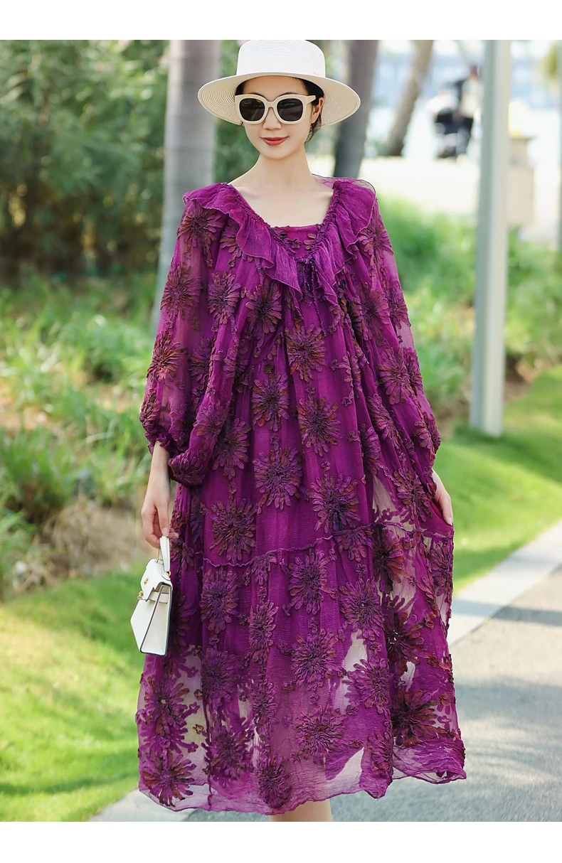 High End V-Neck+Ruffled Edge Silk Women's Lantern Sleeves  Fashionable And youthful Embroidered Loose Beach Dress One Size