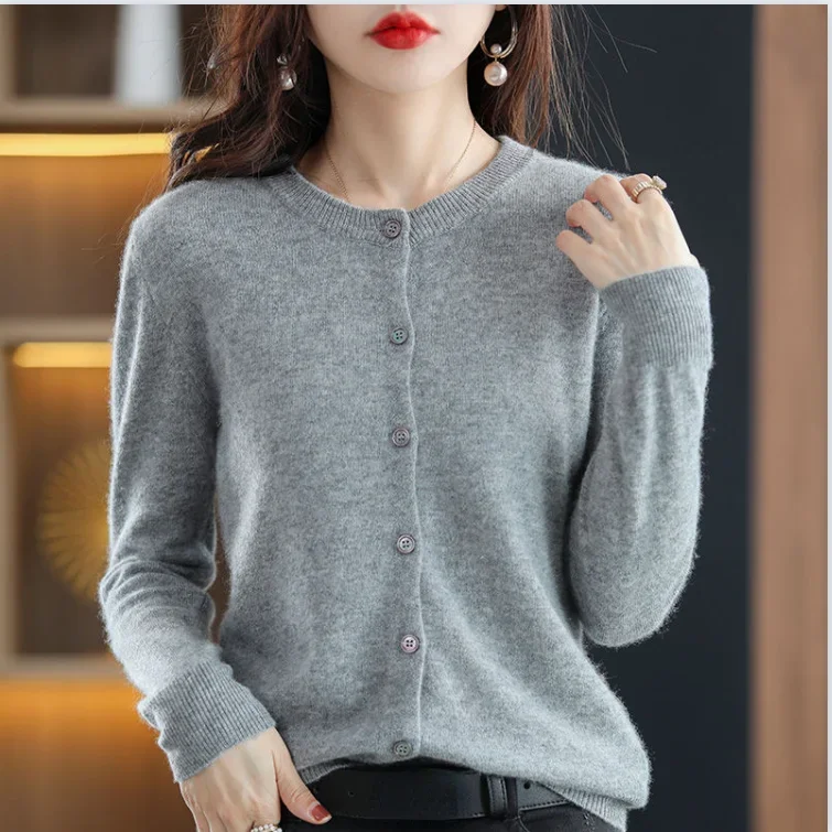 Elegant Grey Women Round Neck Cardigan Fashion Golden Button Long Sleeves Warm Sweater 2024 Chic Autumn Female Casual Streetwear