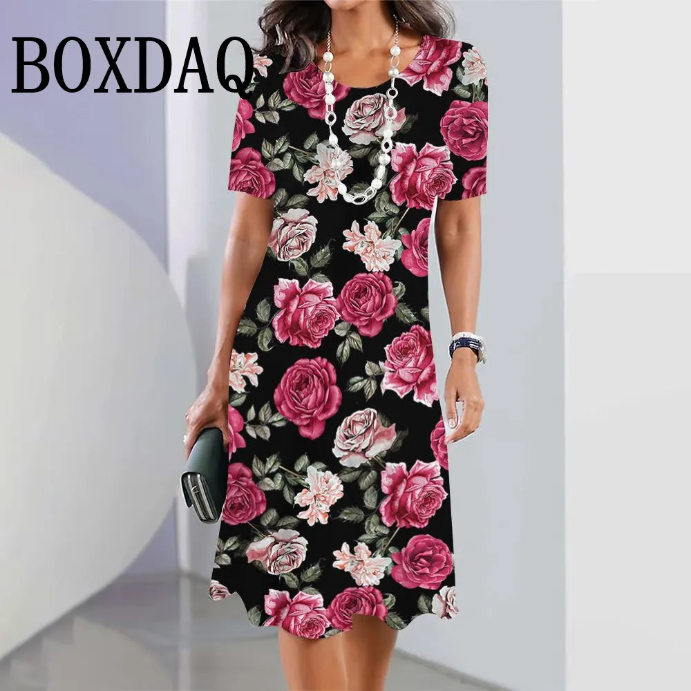 Robe imprimée à fleurs à la mode pour femmes, manches courtes, mini robes à col rond, streetwear d'été élégant, vêtements de printemps, nouveau, 2025