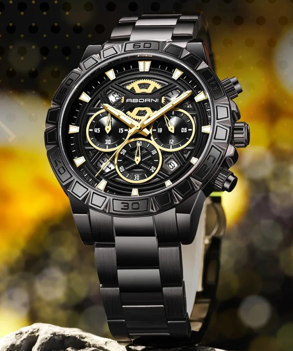 

ABORNI 9022 Brand Men Luxury Quartz Watch Cool Chronograph Automatic Date Waterproof Stainless Steel Strap Watches for Man Reloj