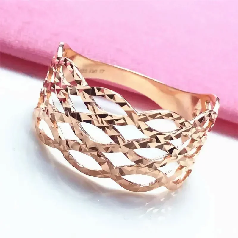 

585 Purple Gold Plated 14K Rose Gold Plated Wide Shiny Hollow Out Rings for Women Personality Charm New Engagement Jewelry