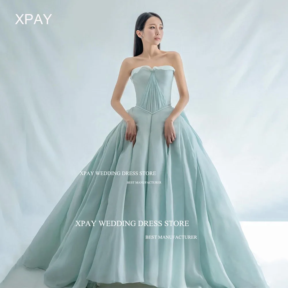 

XPAY Lake Green Strapless Korea Wedding Dresses A Line Sleeveless Pleats Bridal Gown Photo Shoot Custom Corset Bride Dress