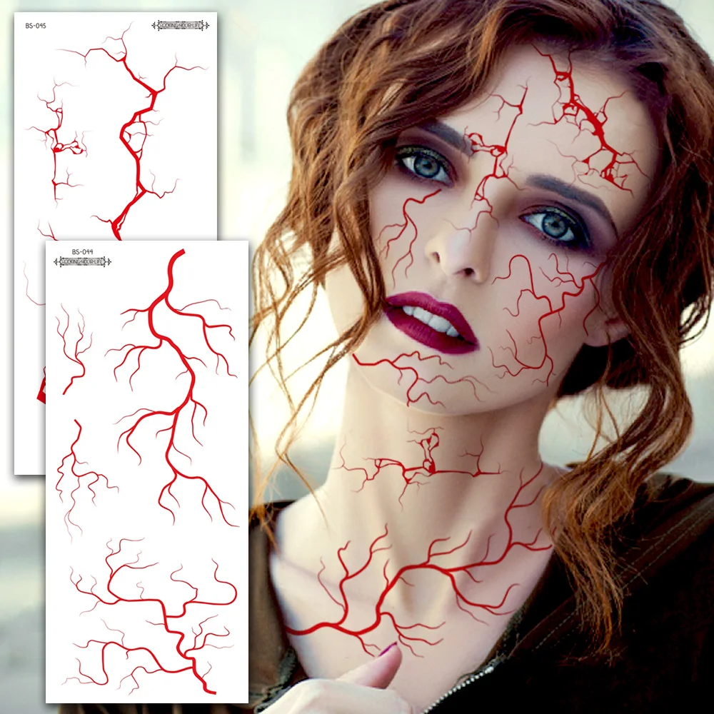 2Sheets Large Halloween Red Lightning Temporary Tattoo Sticker for Halloween makeup – Realistic Vein Design Face Tattoo Body Art