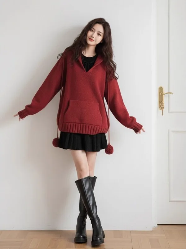 Rode Koreaanse Sle Nieuwjaar Hoed Trui Taille Cinched Dr Herfst Winter Faion Set Casual Lange Sve Hoodie Rok Ensemble