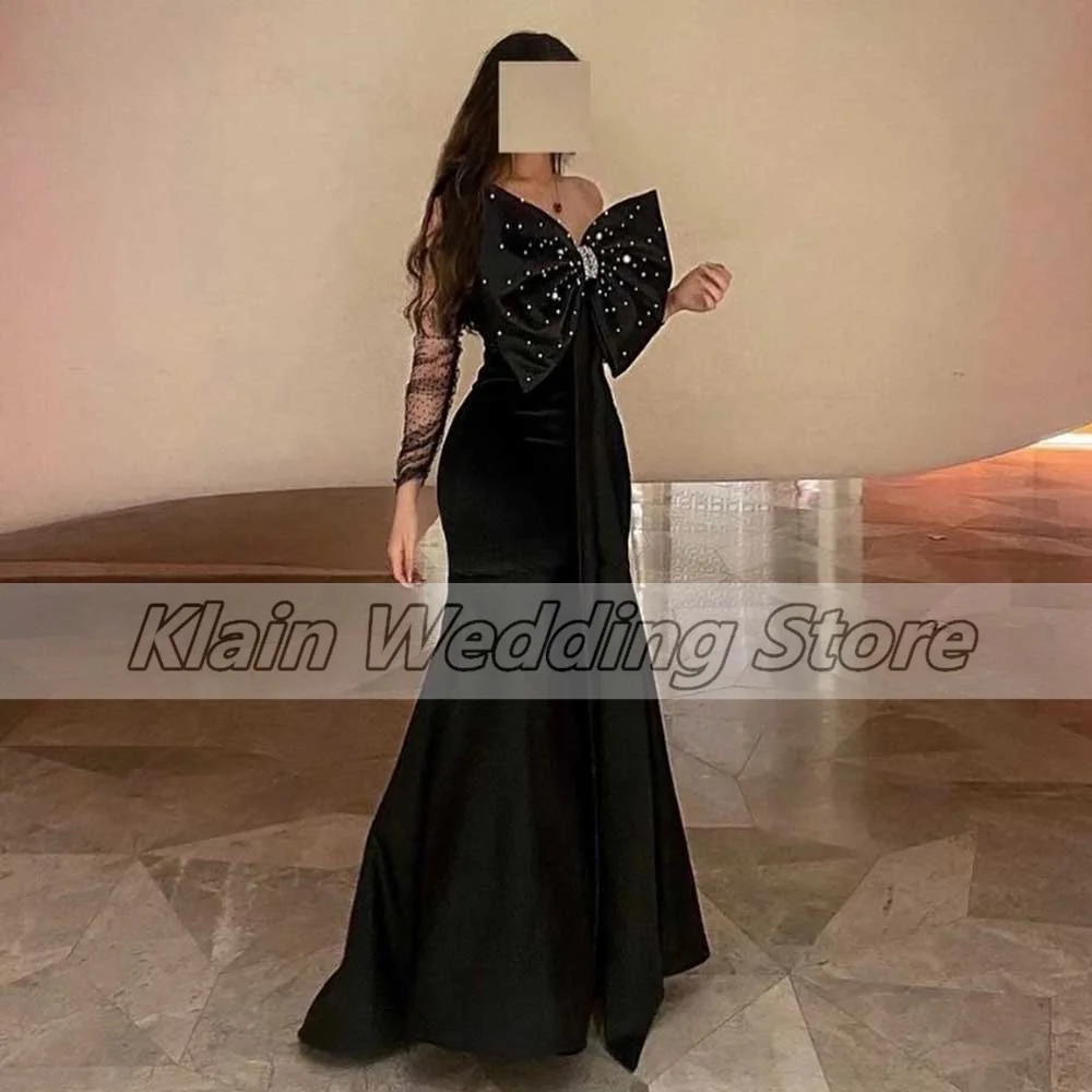 Customized Sparkling Sequin Mermaid Jersey Evening Dress With Crystal Large Bow Off The Shoulder Lace Long Sleeve Casual N Prom