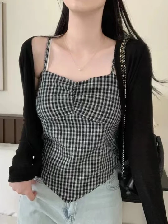 

Korean Sle Versatile ort Plaid Strap Vest Women's Summer Outerwear Sunade Cover up Two-Piece Set Trendy